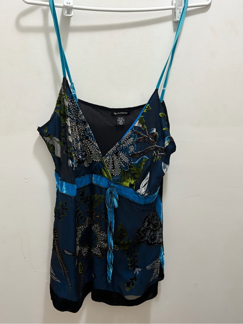 le chateau Teal and Navy Floral Beaded Silk Cami